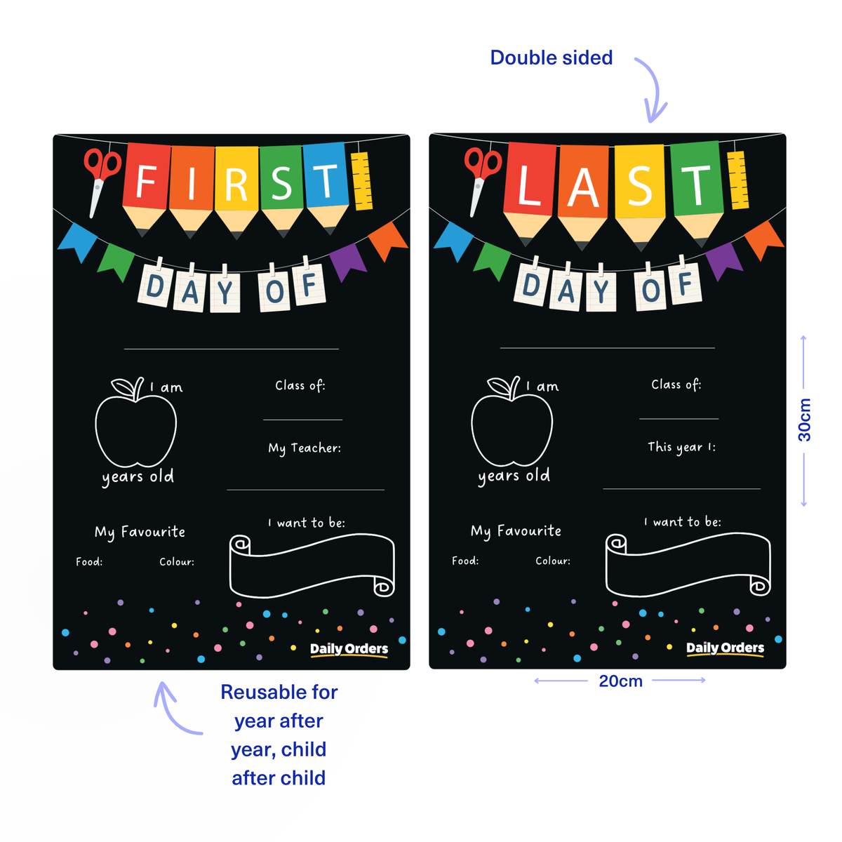 Daily Orders School Planner XS / Black First Day and Last Day of School - Double Sided | Portrait | Black